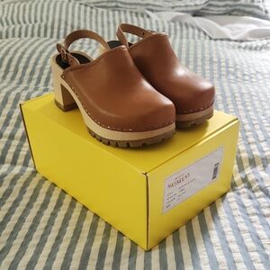 Swedish Hasbeens Brown Leather Mules with Wooden Platform